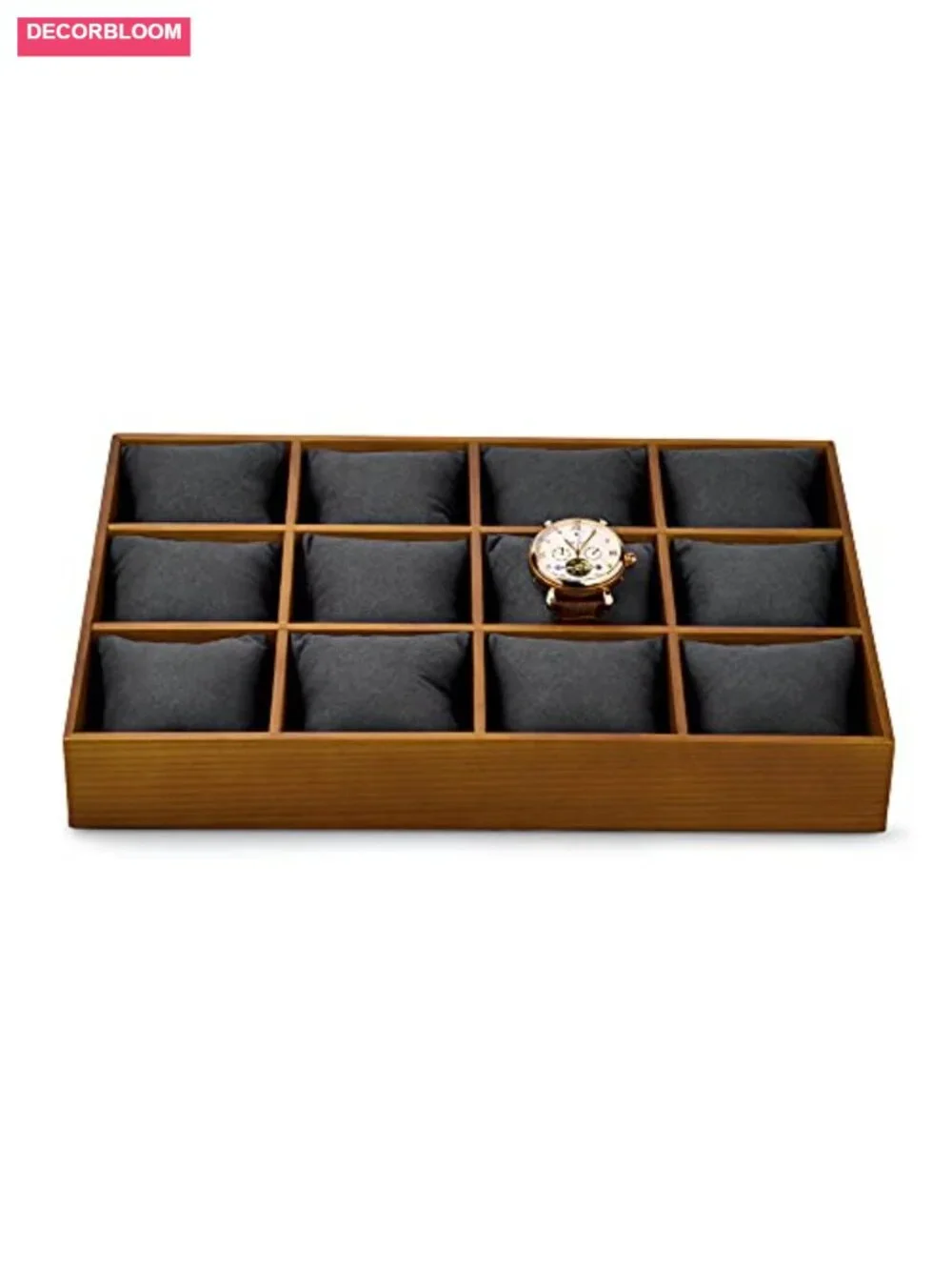 Solid Wood 12-Slot Watch Storage Tray with Microfiber Pillows
